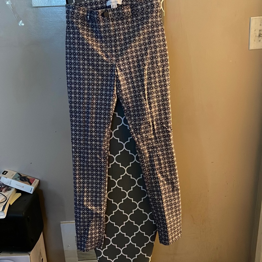 NEW Primark Women's Straight Leg Stretch Pants Navy Geometric Pattern US 6